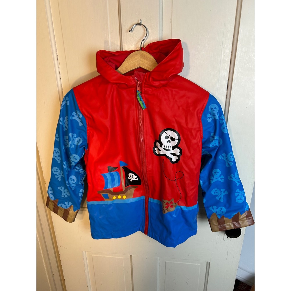 Stephen Joseph Kids Pirate Raincoat Red Blue Skull Crossbones Hooded Size 6X NWT